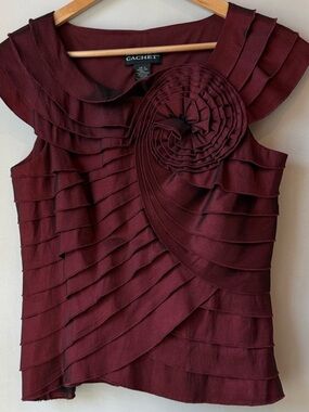 Cachet Burgundy Layered Taffeta Blouse Rosette